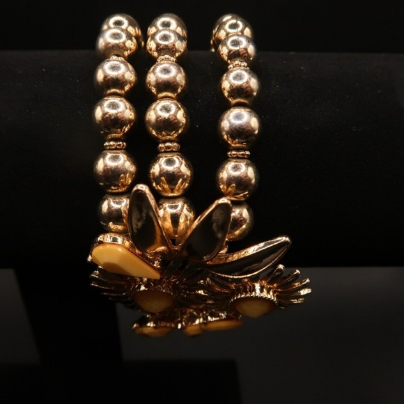 Vintage Goldtone Stretchy Bracelet Beaded with Floral Design Signed Midcentury - Picture 6 of 8